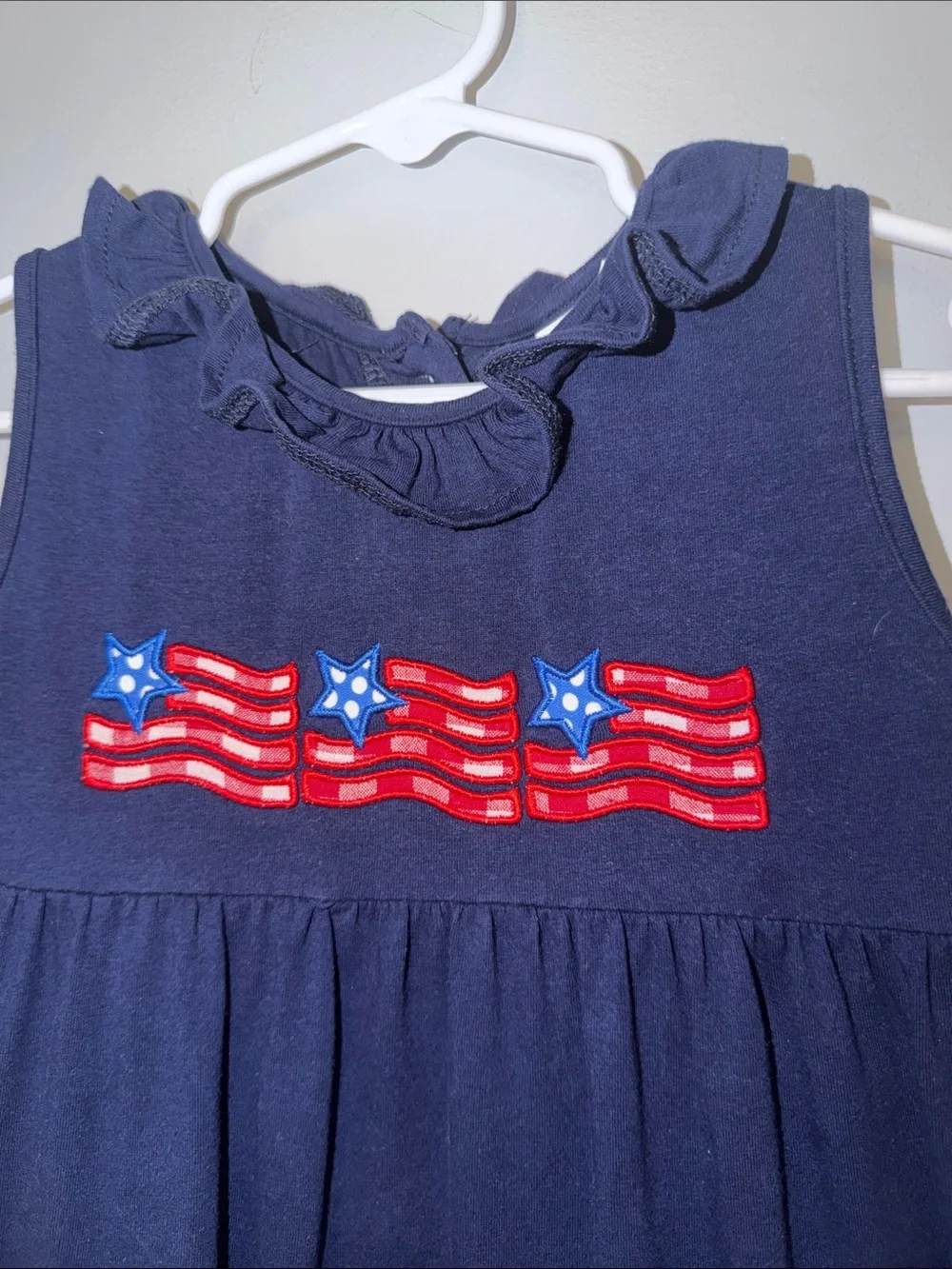 Stitchy Fish Girls Ruffle Tank Dress Size 3T Navy Blue Patriotic Flag Appliqué